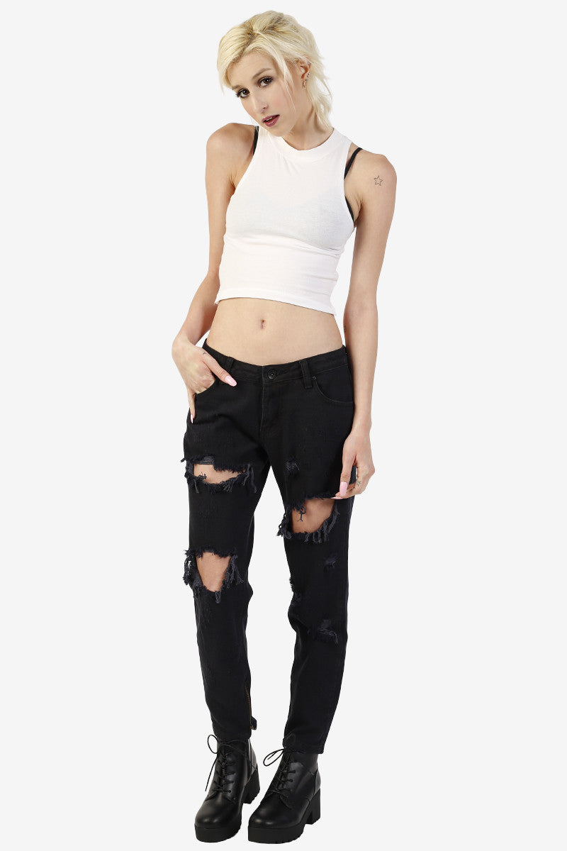 Zip Bottom Destroyed Black Denim